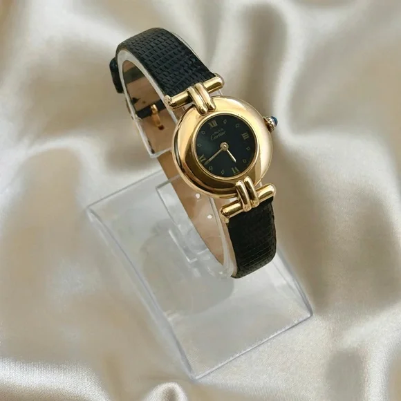 AUTHENTIC VINTAGE CARTIER BLACK LEATHER WATCH - WITH BOX - Picture 3 of 7